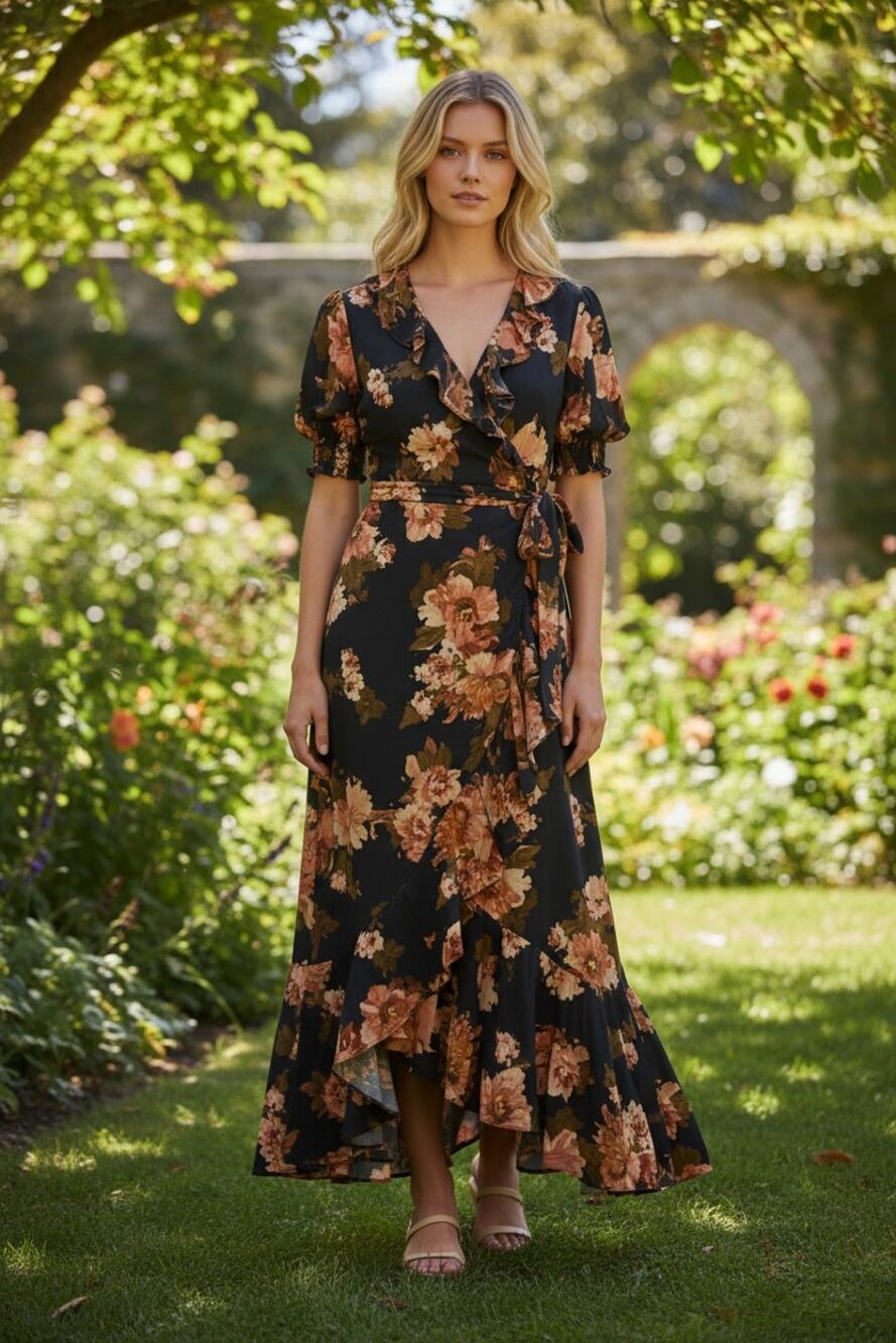 BTFL  Floral Wrap Dress Ruffle Hem Short Sleeve Boho Cottagecore Wedding Guest